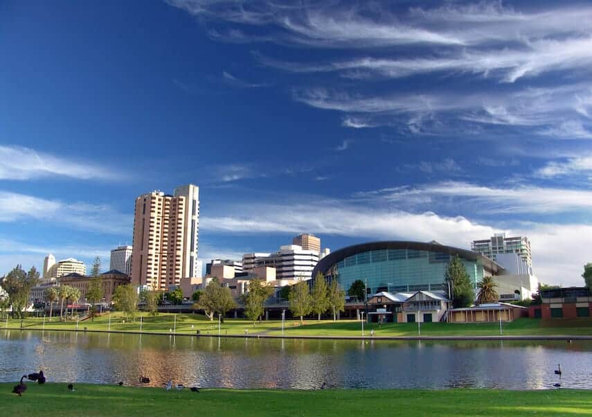 Adelaide CBD from the across the water of the River Torrens