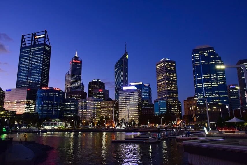 Perth CBD skyscraper buildings lit up at night