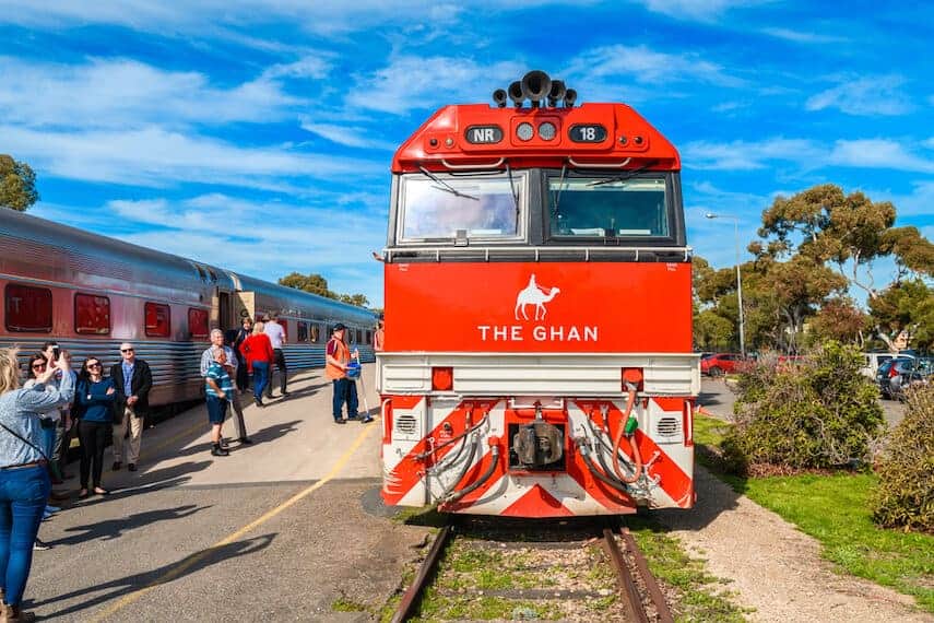 Bright red engine of The Ghan