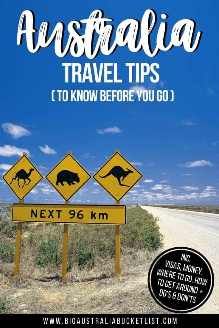 Australia Travel Tips (what to know before you go) pin image of an outback road in Australia next to a road sign with 3 yellow diamond signs of camels, wombats and kangaroos