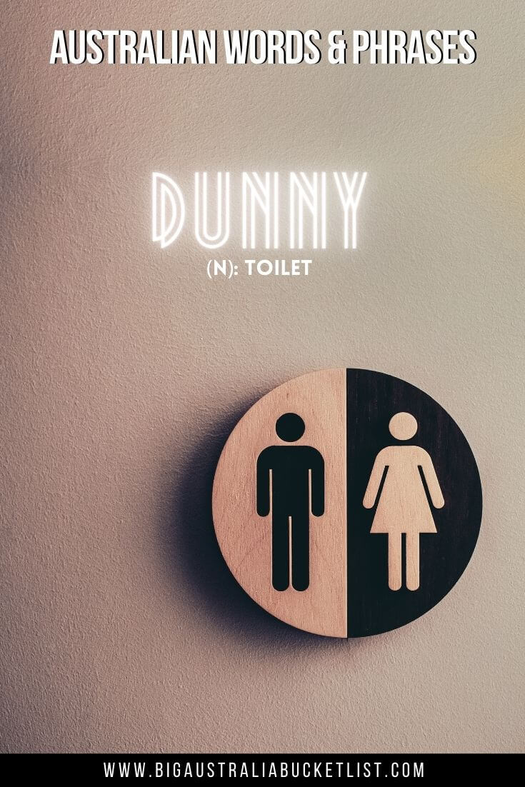 Australian Slang words - Dunny = Toilet (featuring a man and woman sybol on a round raised plaque on the wall with text overlay of the translation above)
