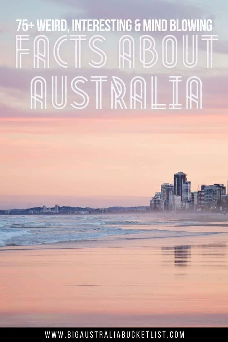 75 Fun Facts about Australia pin image of a beach at sunset with tall buildings in the background and text overlay of the title of the post