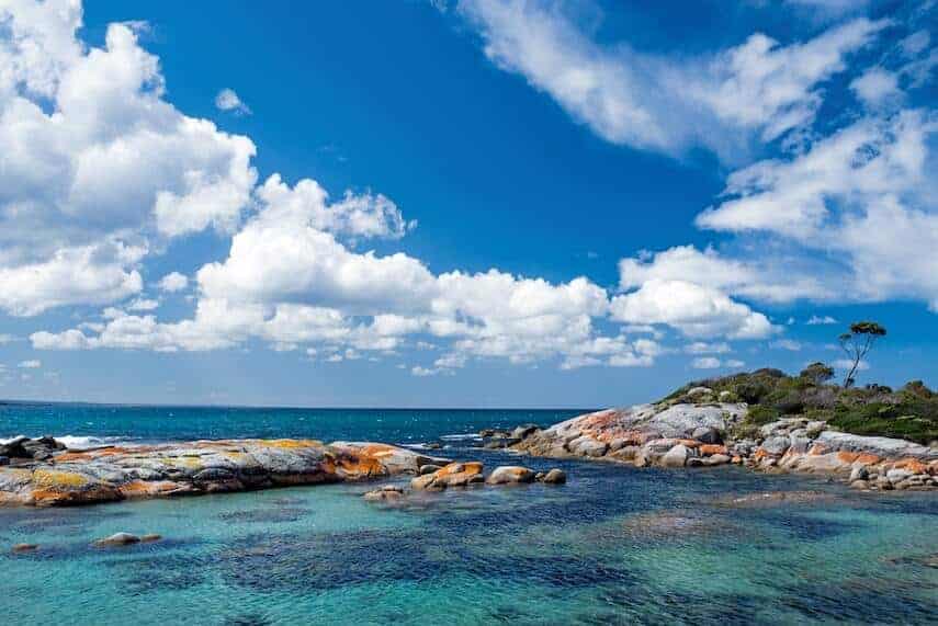 Tasmania Travel Guide: Binalong Bay in Tasmania - clear blue water around rocks covered in bright red patches