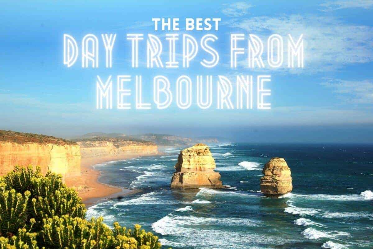 Day Trips from Melbourne and Weekend Getaways in Victoria Header image of two limestone stacks in the ocean along the great ocean road with text overlay of the title