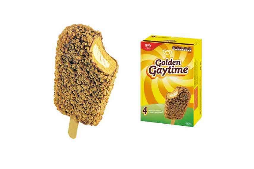 Golden Gaytime ice cream treat on a stick next to a box of Golden Gaytimes