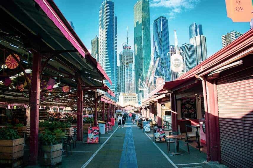 Section of the Queen Victoria Market with the Skyscrapers of Melbourne CBD in the background