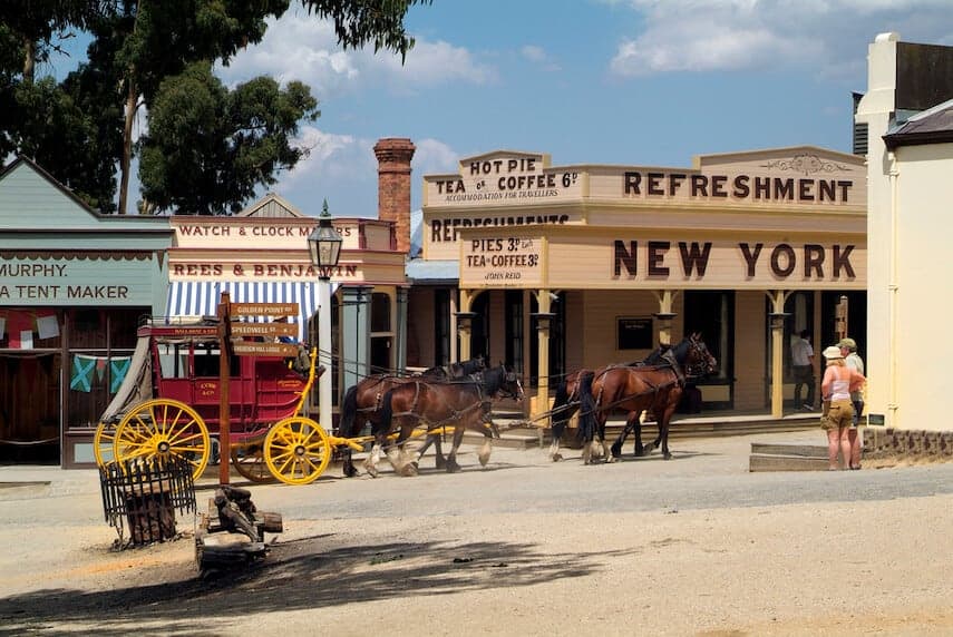 Reconstructed gold rush town with horse drawn carriage in Sovereign Hill, Vic