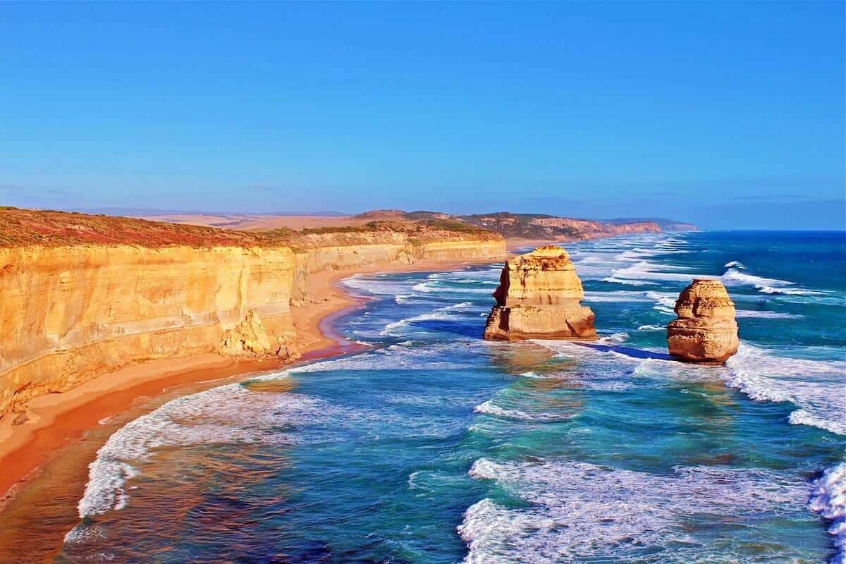 Victorian rocky coastline with two large limestone rock stacks standing in the ocean