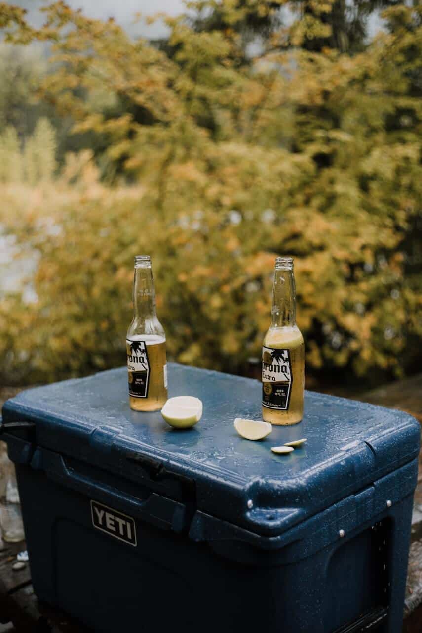 Blue Cooler Box (Esky) in front of a bush with two bottles of Corona beer on top with two wedges of lime