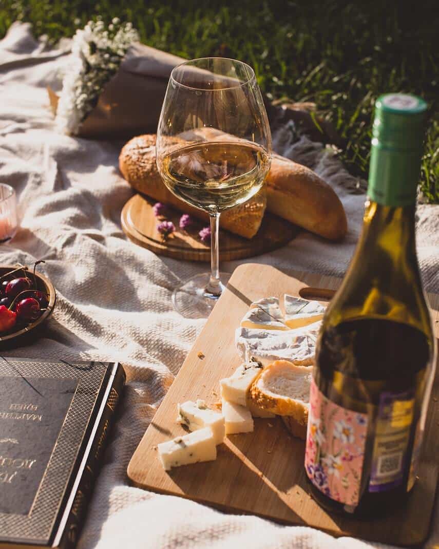 Picnic rug on the ground with a board with cheese and a bottle of wine, two small bread baguettes and a book