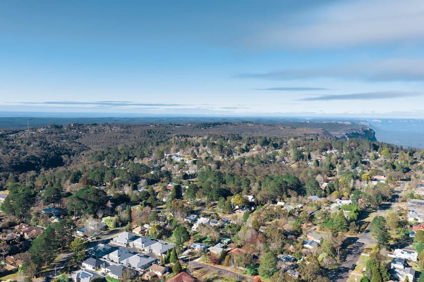 Aerial View of Wentworth Falls town in the Blue Mountains