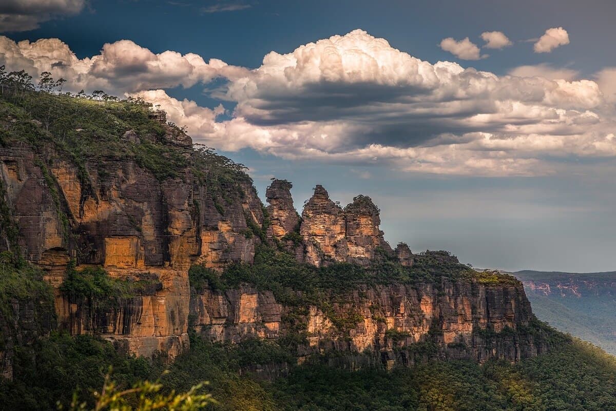 Three Sisters in the Blue Mountains with white clouds above - cover photo for things to do in Blue Mountains Australia