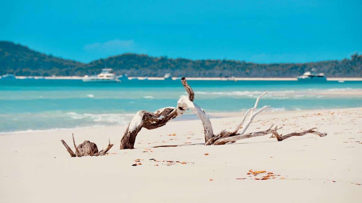 Best Beaches in Queensland cover photo of a white sand beach on the edge of turquoise blue waters with green hills in the background