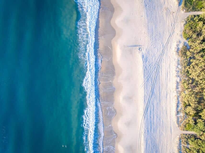 Top down shot or Burleigh Heads Beach with deep blue waters, white sands and a line of palm trees