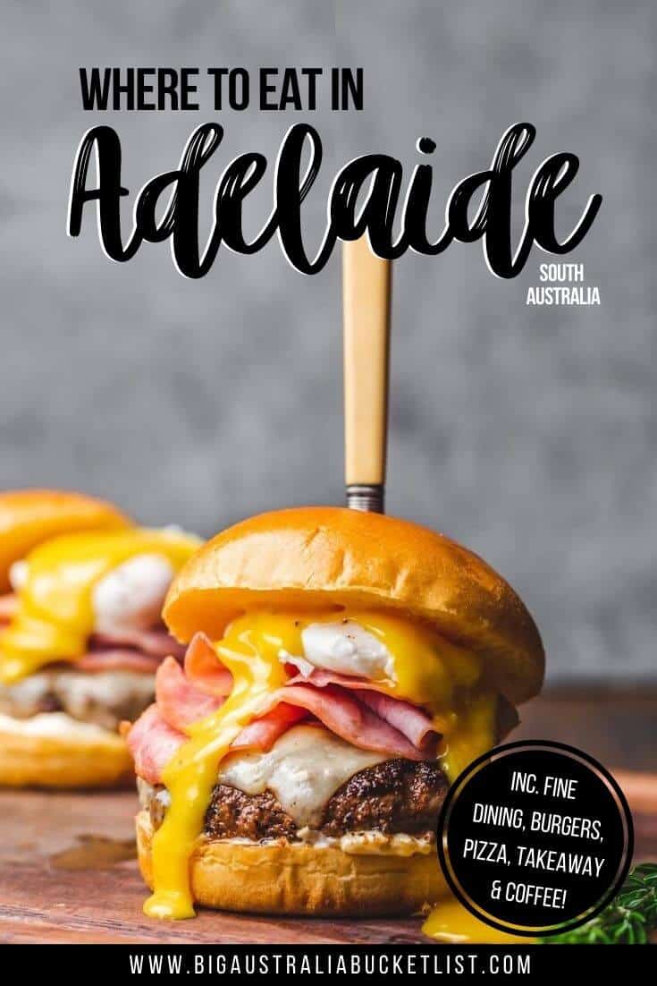 Where to Eat in Adelaide South Australia pin image of a burger in focus on a wooden board with a knife sticking out of the top of the burger bun