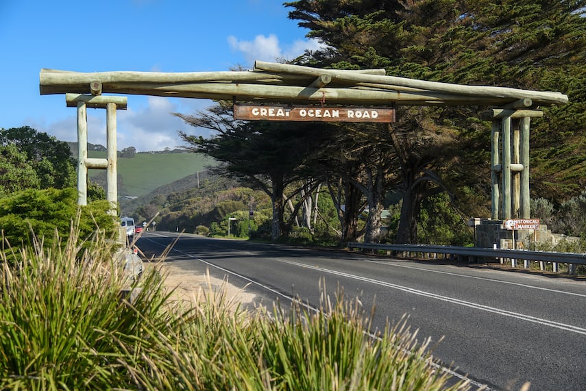 Wooden gate and street sign of the Great Ocean Road near Lorne, Victoria, Australia