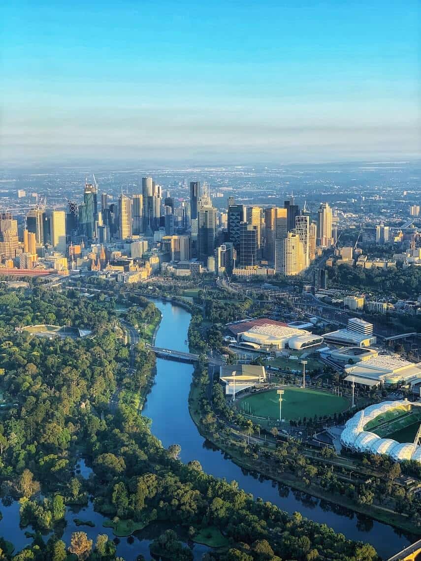 Aerial shot of Melbourne CBD from behind Yarra River