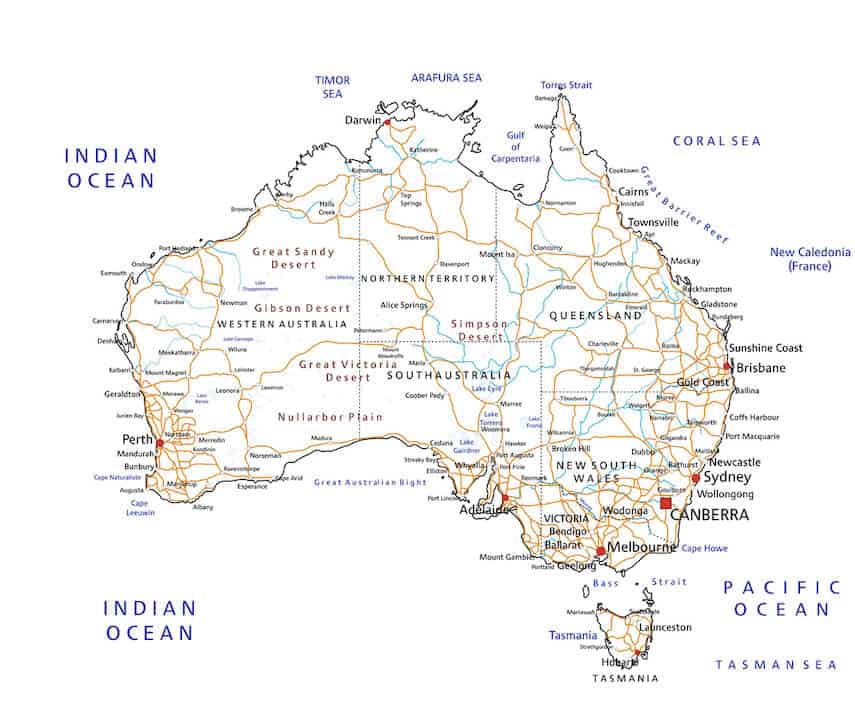 Map of Australia with a road marked around the outside and major cities labelled